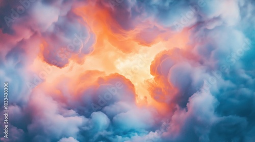 Dramatic clouds with vibrant colors, orange and blue hues, ethereal sky