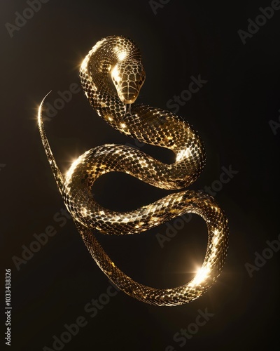 Snake symbol of the year 2025. Beautiful golden snake on a black background, illustration for a postcard, poster, design.
