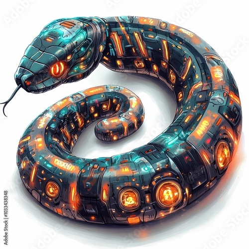 Robotic snake with glowing neon accents in a bold graffiti inspired futuristic style  Vibrant digital with a cyberpunk alternative aesthetic