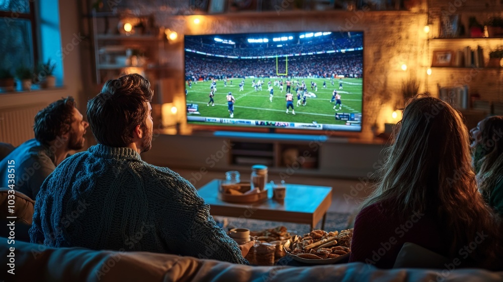 A group of friends gathered in a living room for a Super Bowl watch party, sitting on the couch with snacks and drinks, cheering excitedly as they watch the game on a large TV screen A group of friends gathered in a living room for a Super Bowl watch party, sitting on the couch with snacks and drinks, cheering excitedly as they watch the game on a large TV screen