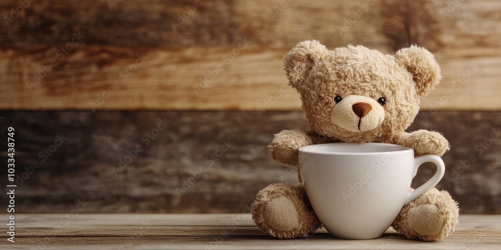 Obraz premium Adorable teddy bear in a white coffee cup on a wooden background with copyspace.