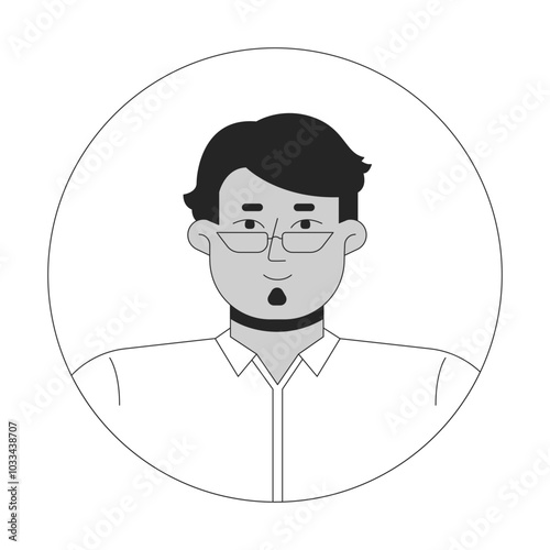 Middle aged arab man wearing eyeglasses black and white 2D avatar illustration. Middle eastern guy soul patch beard outline vector character face isolated. Round frame user profile image portrait