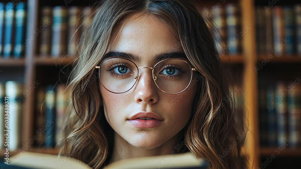 A young woman with glasses focuses on a book, immersed in reading, surrounded by shelves filled with various titles in a quiet library A young woman with glasses focuses on a book, immersed in reading, surrounded by shelves filled with various titles in a quiet library