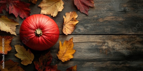 Red kuri squash, known as hokkaido pumpkin, alongside vibrant autumn leaves on rustic wooden boards, a vegetable for Halloween and Thanksgiving, copy space, high-angle view from above, selected focus. photo