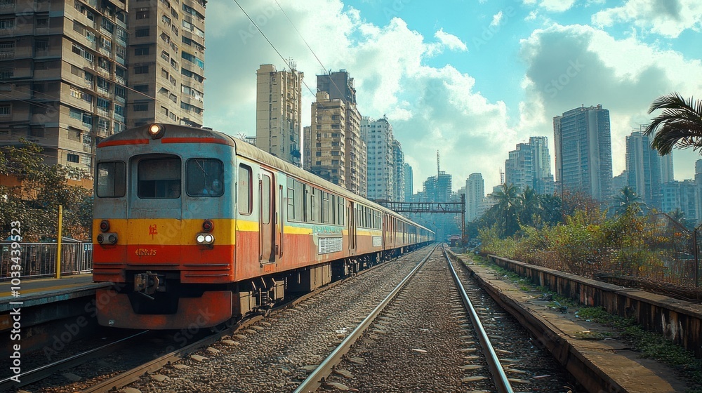 A Red and Blue Train Pulling Out of a City Station A Red and Blue Train Pulling Out of a City Station