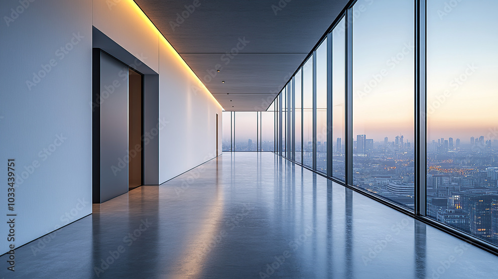 Minimalist interior of an empty modern office with floor-to-ceiling windows overlooking the cityscape Minimalist interior of an empty modern office with floor-to-ceiling windows overlooking the cityscape