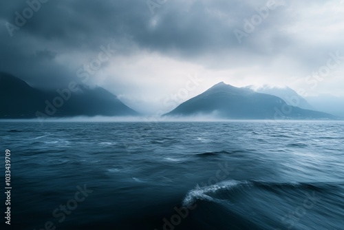 A misty, blue landscape of mountains rising from a still, dark lake. photo