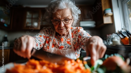 A senior woman wearing glasses and a floral apron is deeply focused on slicing vibrant orange vegetables, showcasing a dedication to home-cooked meals in the kitchen. photo