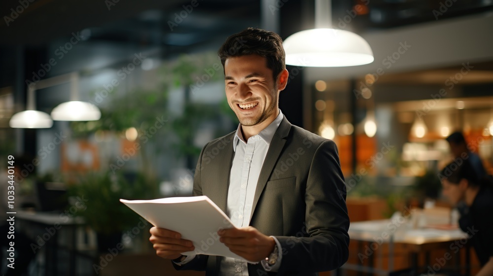 Happy asian businessman working on reports in the office Happy asian businessman working on reports in the office