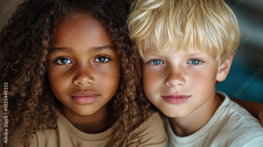 A portrait highlighting the friendship between two children with contrasting features, showcasing diversity and warmth within a heartfelt connection. A portrait highlighting the friendship between two children with contrasting features, showcasing diversity and warmth within a heartfelt connection.