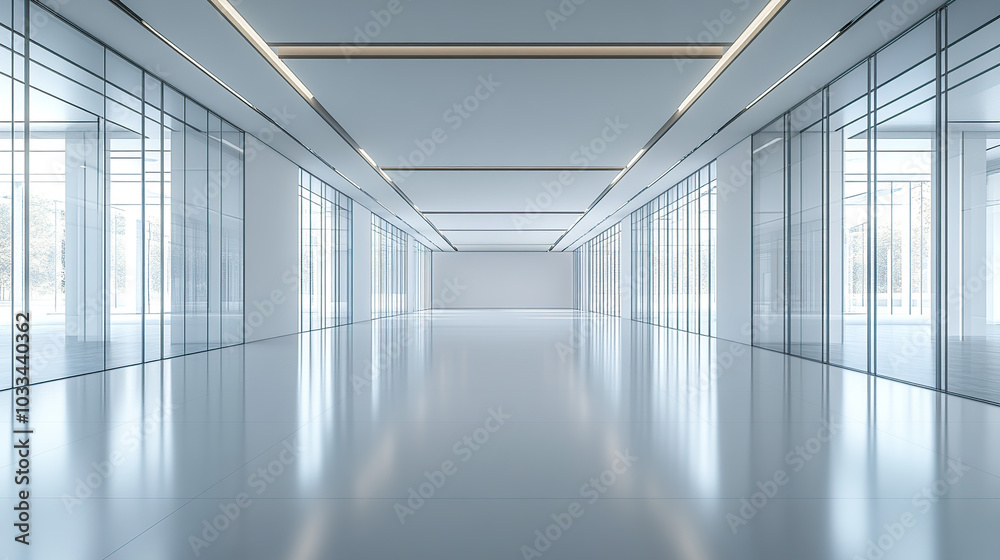 A wide-angle view of an empty modern office building with large windows and white walls A wide-angle view of an empty modern office building with large windows and white walls
