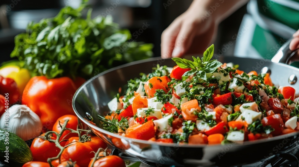 A chef skillfully tossing together a vibrant mix of fresh vegetables in a skillet, surrounded by herbs and tomatoes, illustrating a scene of nurturing and gourmet cooking. A chef skillfully tossing together a vibrant mix of fresh vegetables in a skillet, surrounded by herbs and tomatoes, illustrating a scene of nurturing and gourmet cooking.