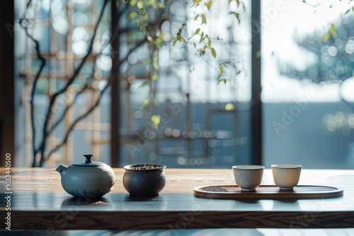 Tea Ceremony Setup on a Wooden Table photo