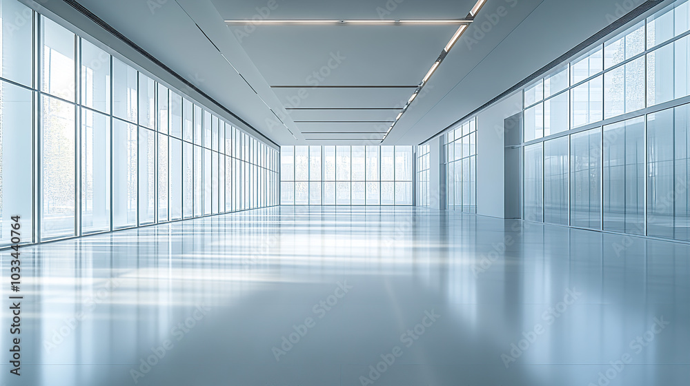 A wide-angle view of an empty modern office building with large windows and white walls A wide-angle view of an empty modern office building with large windows and white walls