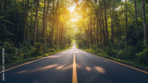 A straight asphalt road leading into a lush forest with sunlight shining through the trees.