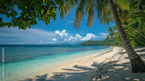 Serene beach scene with palm trees and turquoise waters, with copy space