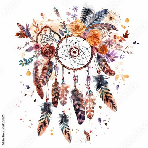 Watercolor Dream Catcher with Flowers and Feathers Isolated On White Background