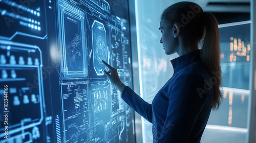 An HR professional using AI-powered tools on a large touchscreen