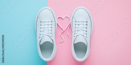 A cropped view of coordinated white sneakers and a heart shape created from the shoelaces on a pink and blue background. A romantic theme for couples dressed in matching outfits.