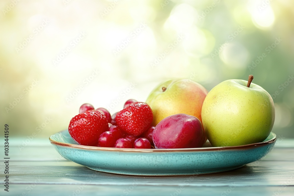 A colorful plate of fresh fruits arranged artfully with copyspace soft morning light dining table background. A colorful plate of fresh fruits arranged artfully with copyspace soft morning light dining table background.