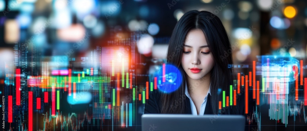 A focused woman analyzes market data on her laptop in a vibrant urban setting, showcasing the intersection of technology and finance. A focused woman analyzes market data on her laptop in a vibrant urban setting, showcasing the intersection of technology and finance.