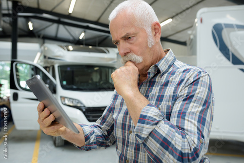motorhome renting business manager looking at tablet