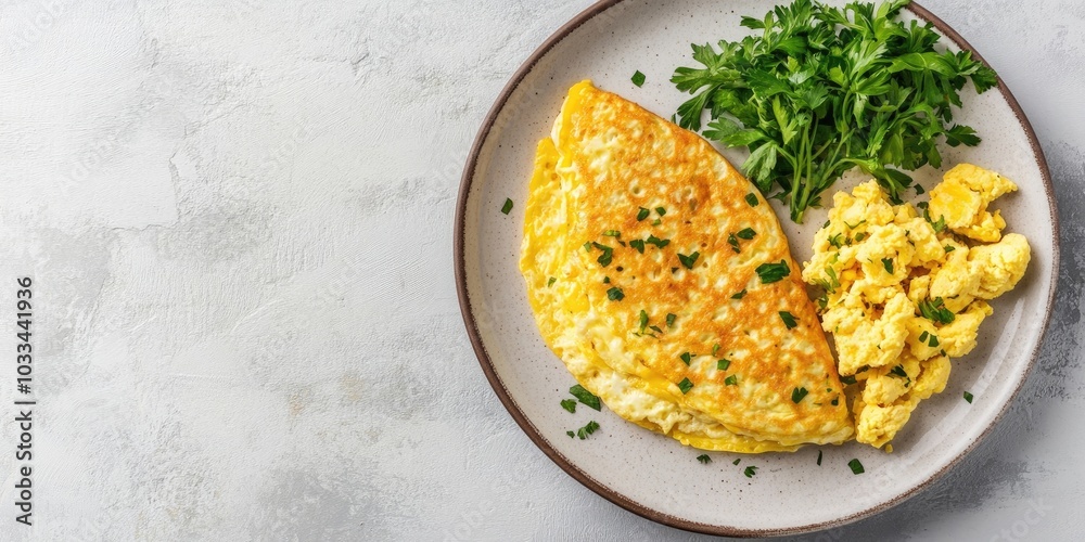Omelet and scrambled eggs on a plate against a white stone background with copy space. Top view, flat lay. Omelet and scrambled eggs on a plate against a white stone background with copy space. Top view, flat lay.
