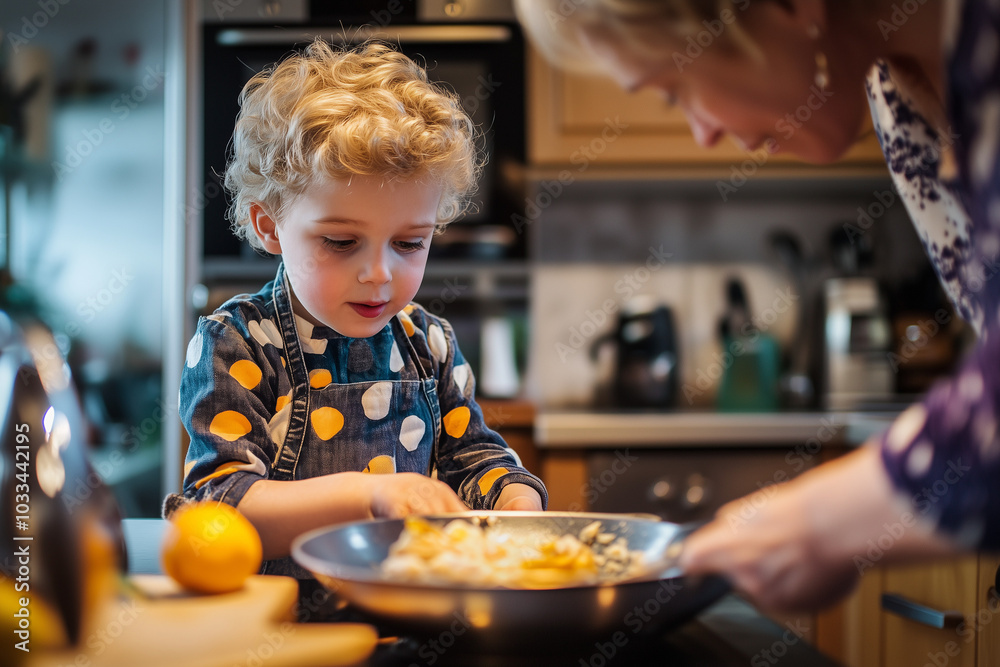A grandchild helping his grandmother bake. Bake a cake. Bakery A grandchild helping his grandmother bake. Bake a cake. Bakery