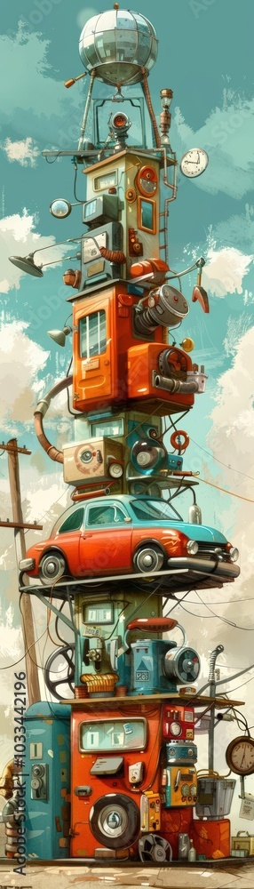 Design a whimsical side view of an automotive repair shop using vibrant watercolors Picture a cartoonish car receiving a unique and imaginative repair Design a whimsical side view of an automotive repair shop using vibrant watercolors Picture a cartoonish car receiving a unique and imaginative repair