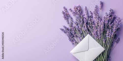 Bouquet of dried lavender alongside a white envelope on a purple background. Sending a letter.