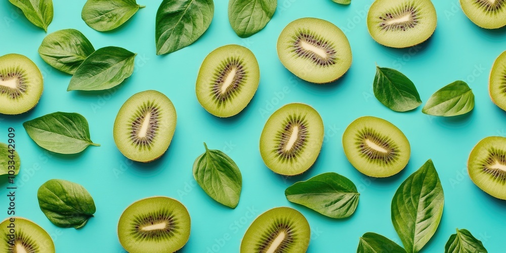 Fresh kiwi and leaves on a turquoise backdrop. Fresh kiwi and leaves on a turquoise backdrop.