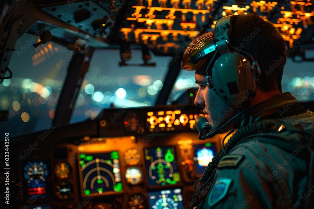 Fototapeta premium Airline pilot wearing headset and looking out cockpit window at night