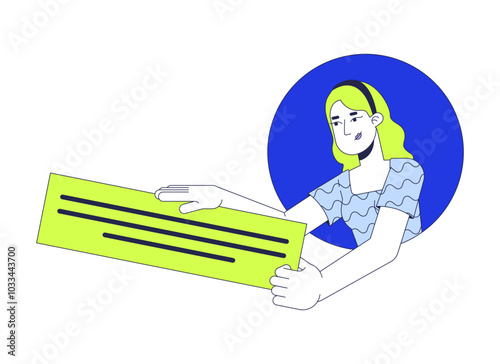 Holding textbox woman in circle frame 2D cartoon character. Answer quote. Blonde caucasian female presenting text block isolated person flat vector on white background. Spot illustration colorful