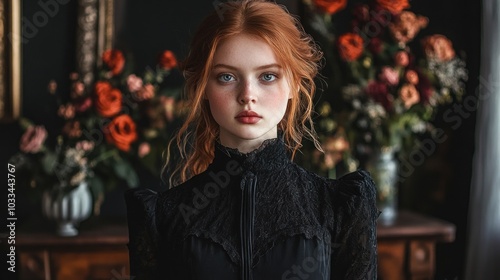 A young woman with long red hair and blue eyes, wearing a black lace dress, stands in front of a dark background with flowers.