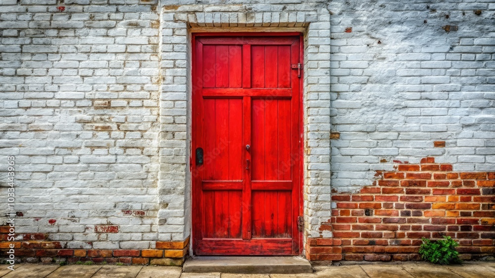 Old Red Wooden Door Against White Brick Wall - Rustic Charm, Architectural Detail, Vintage Aesthetic, Textured Surface, Weathered Wood, Historic Architecture, Urban Exploration, Exterior Design Old Red Wooden Door Against White Brick Wall - Rustic Charm, Architectural Detail, Vintage Aesthetic, Textured Surface, Weathered Wood, Historic Architecture, Urban Exploration, Exterior Design
