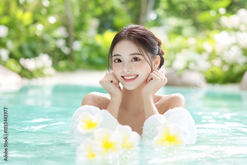 A joyful young woman relaxing in a serene pool surrounded by lush greenery and flowers, radiating tranquility and happiness.