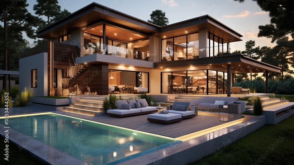 modern villa design with large windows. Modern architecture. modern villa design with large windows. Modern architecture.