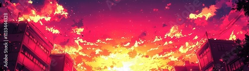 Vibrant Anime Style Sunset Over Cityscape