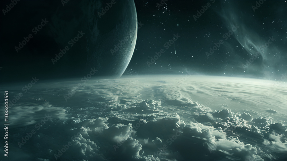 Fototapeta premium A beautiful view in the dark night sky, surrounded by stars and clouds, showcasing the vastness of space.