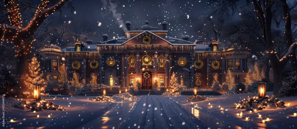 Naklejka premium Magnificent Christmas themed Historic House Covered in Sparkling Lights and Snow on a Serene Winter Night The stately and elegant home is beautifully decorated for the holiday season