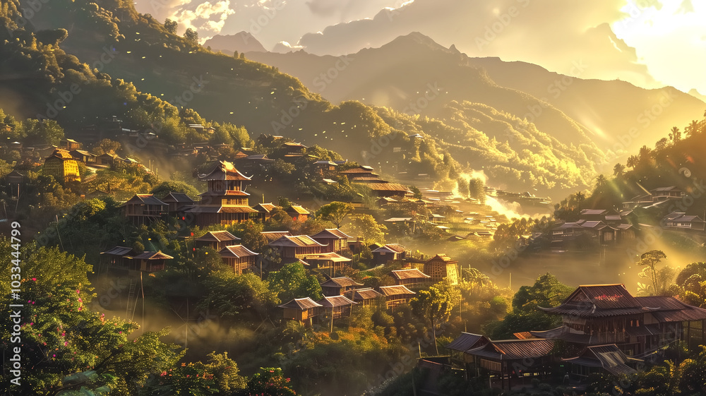 Fototapeta premium Mountain communities embracing sustainability – small villa…