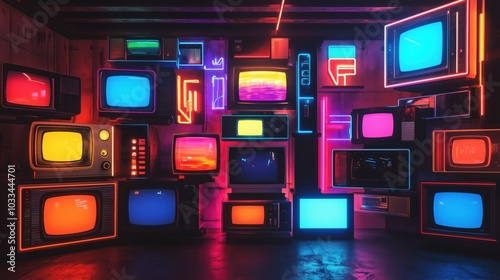 Colorful retro televisions with neon lights, vibrant display, artistic arrangement