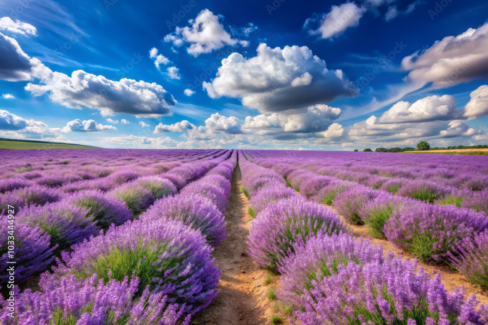 Obraz premium serene landscape filled with rows of vibrant purple lavender flowers under bright blue sky with fluffy clouds. This idyllic scene evokes sense of tranquility and beauty