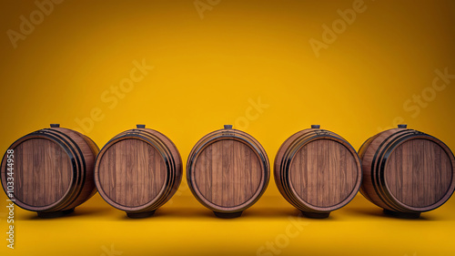 Wooden wine barrel on yellow background photo