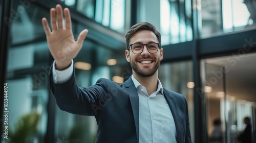 Smiling businessman greeting, modern office background, professional attire, glasses