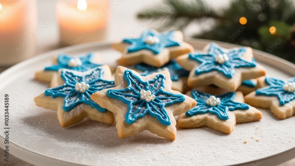 Star shaped cookies with icing sugar, Diwali Festival, arranged on a rustic wooden table. Star shaped cookies with icing sugar, Diwali Festival, arranged on a rustic wooden table.