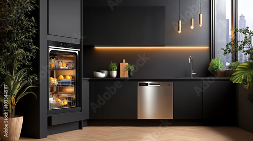 A front view of an open dishwasher integrated into a dark gray, minimalist kitchen. The clean lines of the kitchen create a contemporary feel, with the stainless steel interior of