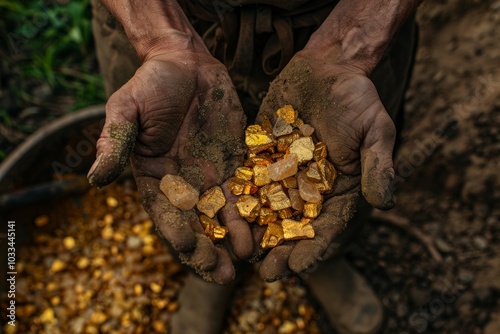 Gold nuggets the hands of the miner. The working hands of a peasant with pure gold. top view photo