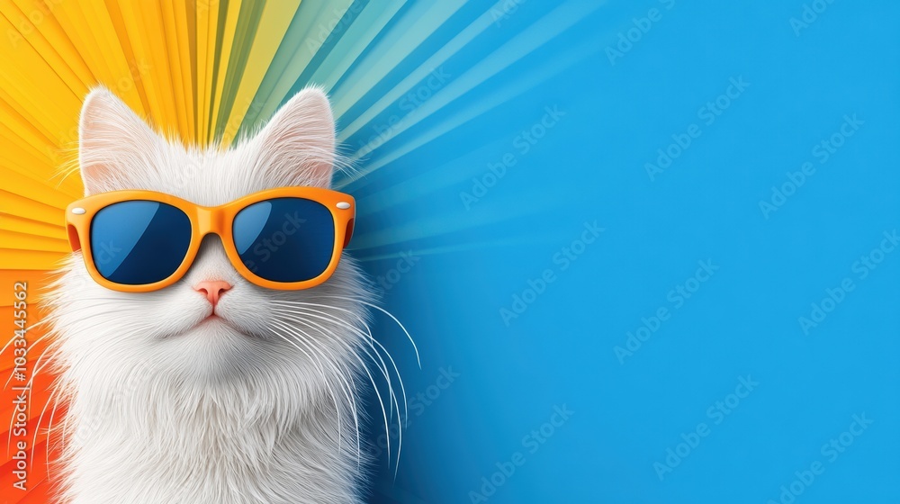 A playful cat wearing orange sunglasses against a vibrant blue backdrop, radiating summer vibes and cheerful energy.