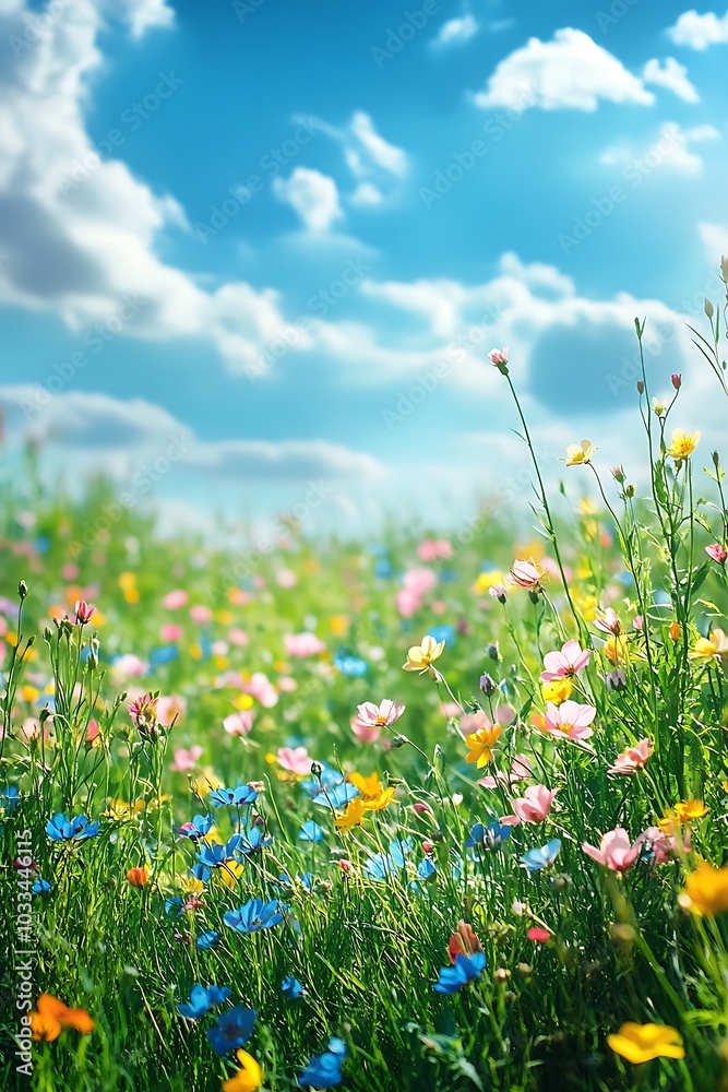Fototapeta premium A vibrant field of colorful wildflowers under a bright blue sky with fluffy clouds, showcasing nature's beauty and tranquility.